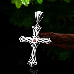 Stainless Steel Cross Inlaid Red Gemstone Pendant Vintage Viking Pattern Celtic Knot Men Necklace