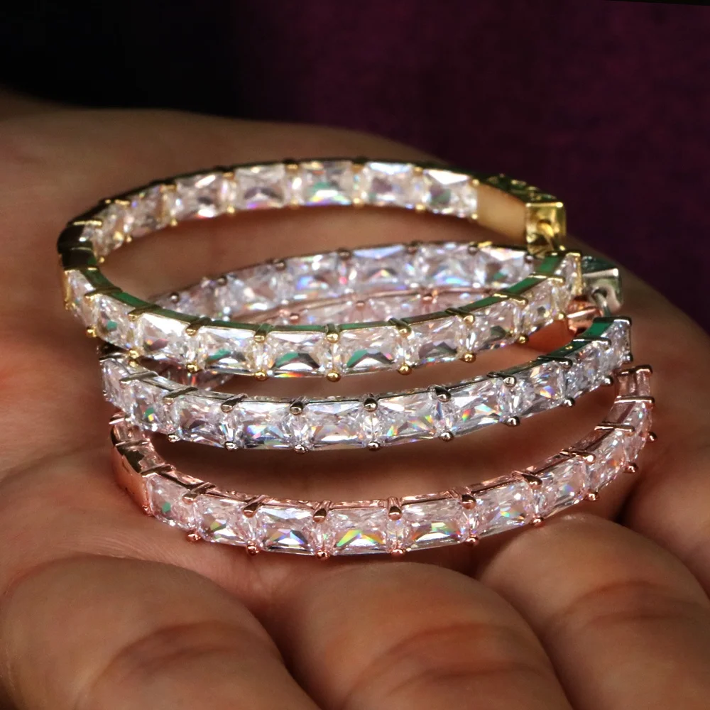 Women Jewelry Wholesale Price Bling Bling  Princess Cut Stones Baguette Hoop Earrings