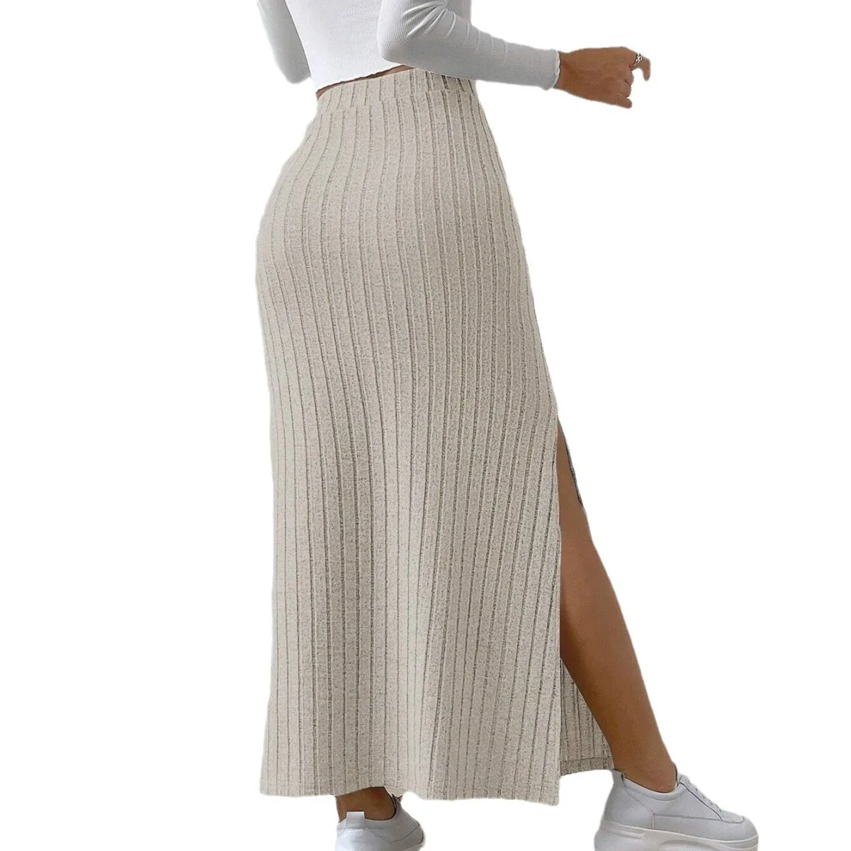 2024 Autumn Winter Women High Waist Sexy Slim Side Slit Skirt Elegant Warm Long Skirts Fashion Sweater Knitted Half Length Skirt
