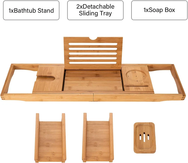 Wholesale Natural Bamboo Luxury Bathtub Caddy Tray with Extending Sides and Foldable Legs