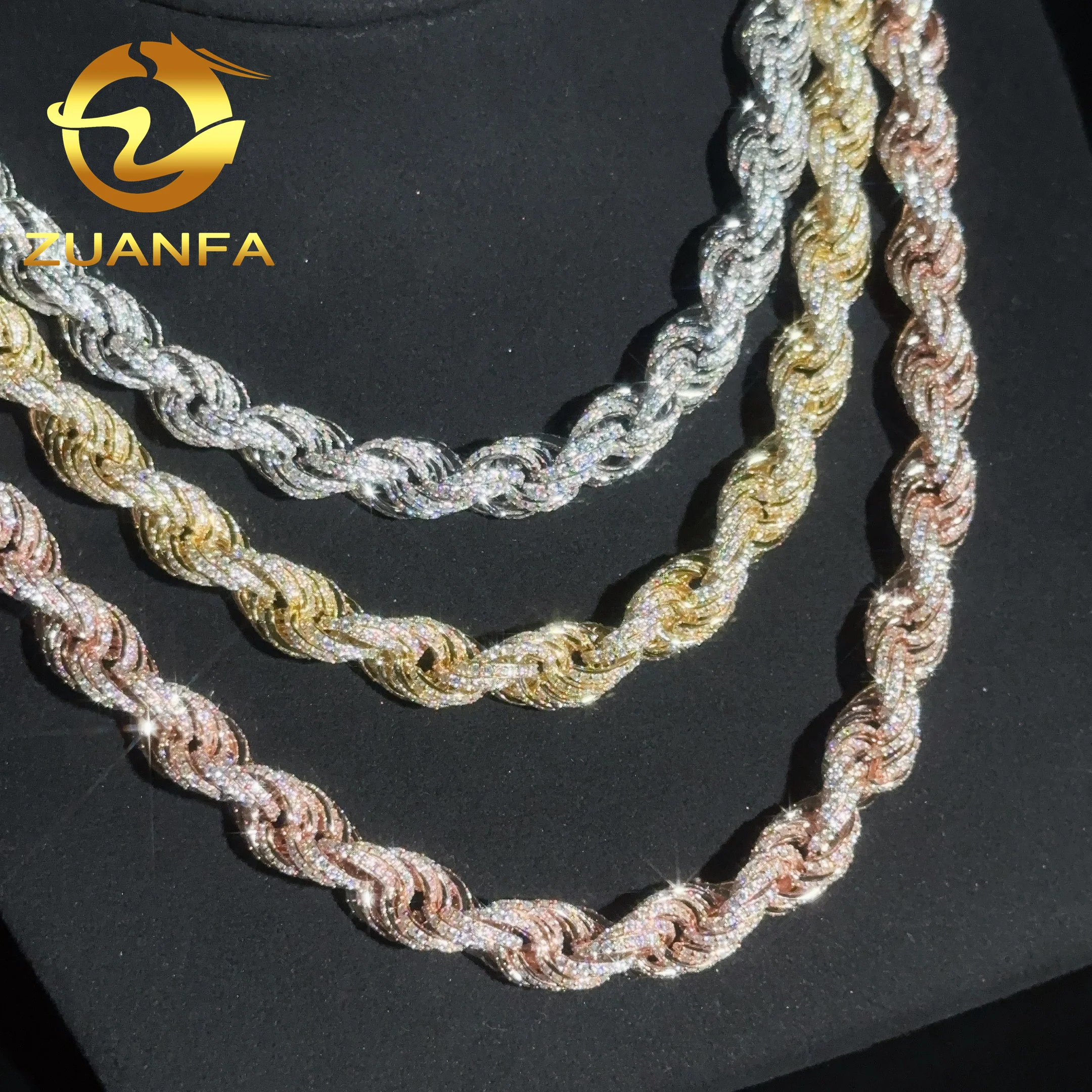 10MM 3 Color Twist Silver Rope Chain Fully Iced out Moissanite Diamond Link Bracelet Hip hop Jewelry Men Necklace Chain