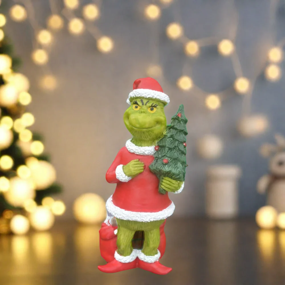 Fengzhi Factory Christmas Green Monster Holding Christmas Tree Decorative Ornaments Resin Sculpture for Garden Ornament