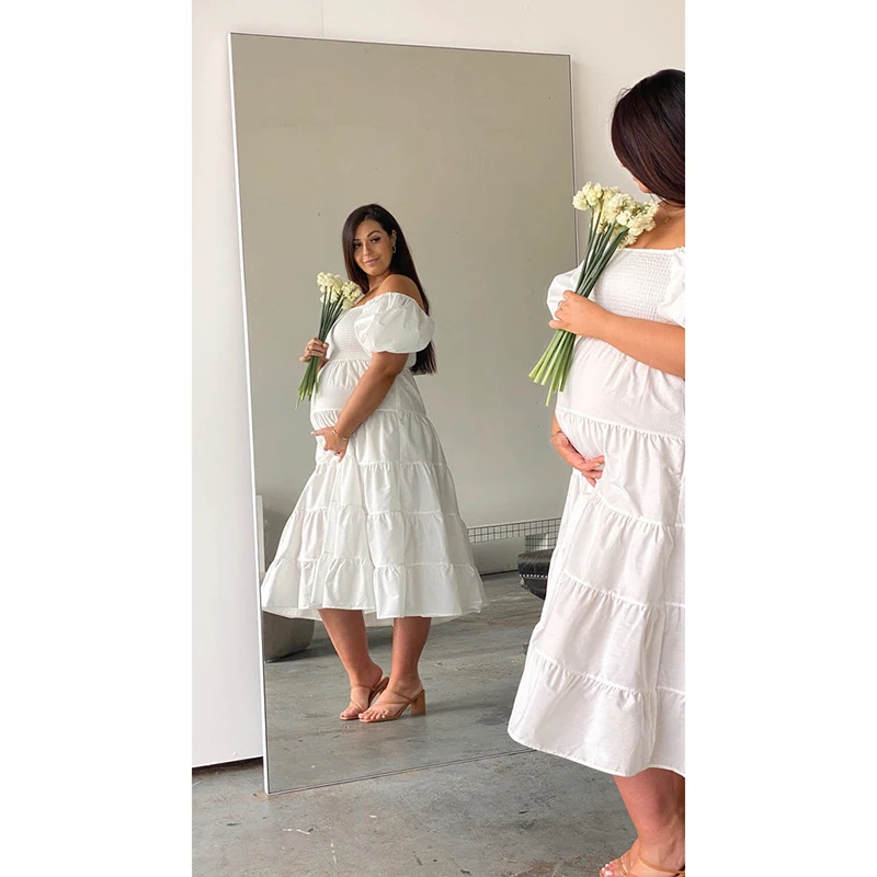 Hot-selling Puff sleeve Shirred bodice Elasticated neckline Rayon Tiered skirt Shirred top short sleeved casual Midi Dress