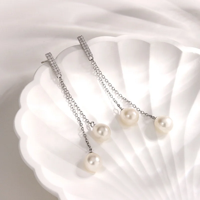Custom Fashion Earrings Women Elegant Party Jewellery Natural Pearl Zircon Long 925 Sterling Silver Dangle Earrings