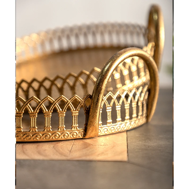 Decorative Tray Retro Gold Metal Round Mirror Tray Iron Vintage Style Decoration Tray Decorative Accents