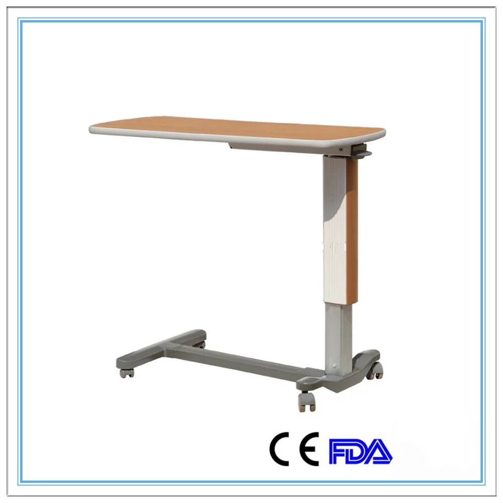 Height adjustable hospital equipment overbed table with wheels