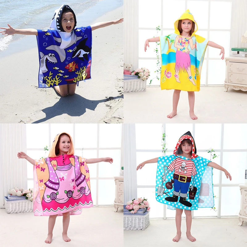 Factory Sale Fashion Printed Cartoon Hooded Ponchos Microfiber Bath Beach Towel For Kids   Children