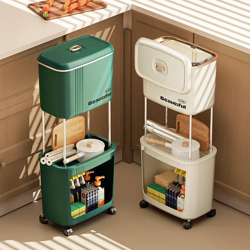 Double Tiers Standing Type Kitchen Storage Rack Carbon Steel Cooktop Organizer with Casters Trash Can and Pantry Space Saver