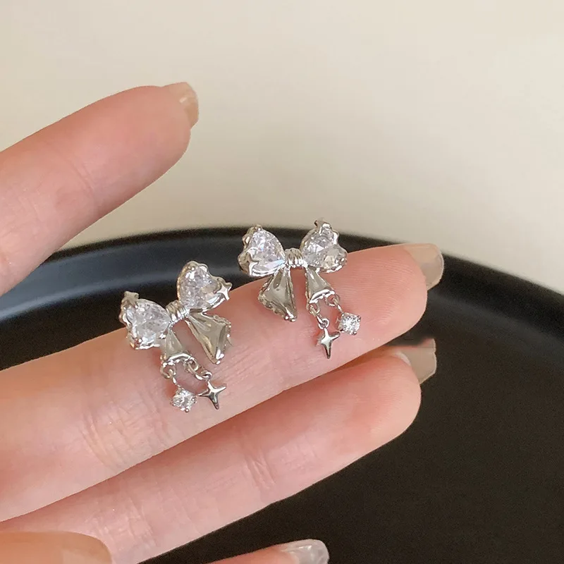 Silver Needle Eight-Pointed Stars Zircon Bow Stud Earrings South Korea Elegant Ins Style Light Luxury High-Grade Wholesale