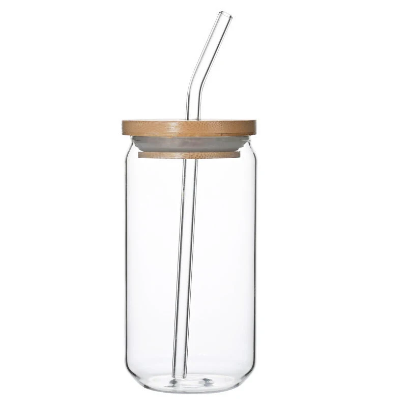 Amazon product beer can glass 16oz 18oz beer can glass with bamboo lid and straw (1600488870539)