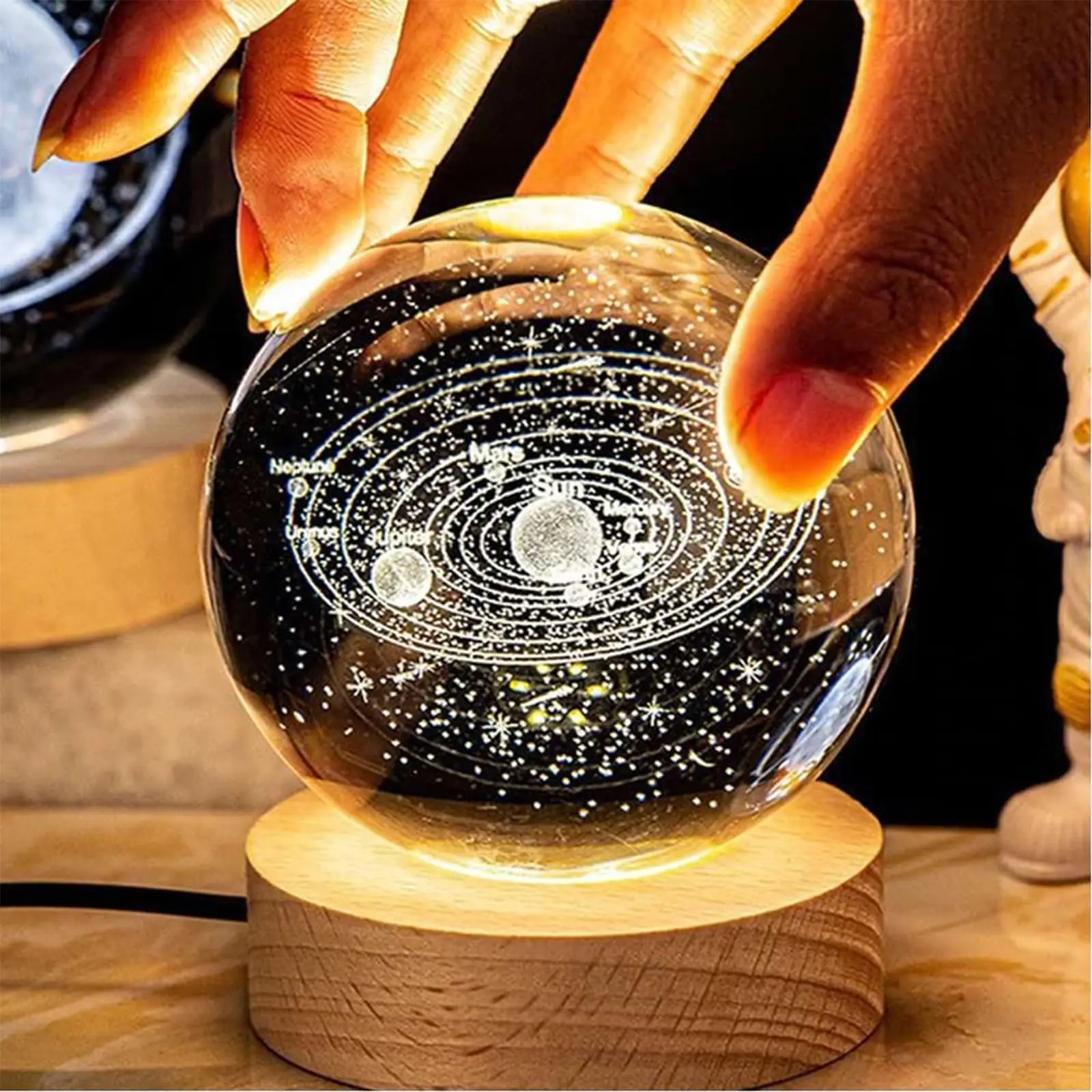 3D Solar System Crystal Ball Lamp Galaxy luminous crystal ball with Wooden Base 3D Planet Home Decor Light