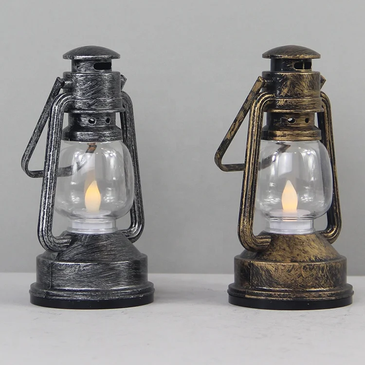 Halloween Christmas Decor Vintage Metallic Painted Plastic Hanging Oil Mini LED Lantern With LED Tea Light Candle