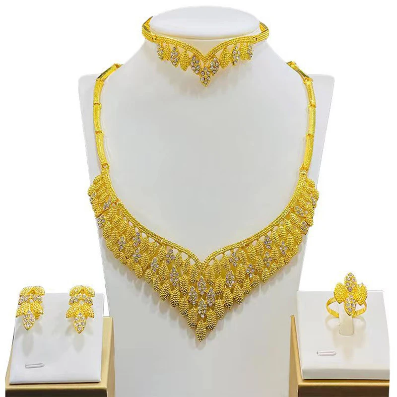 Wholesale Dubai 24K Gold Ornament Jewelry Suit Necklace Earring Bracelet Ring Indian Four-Piece Set for Women