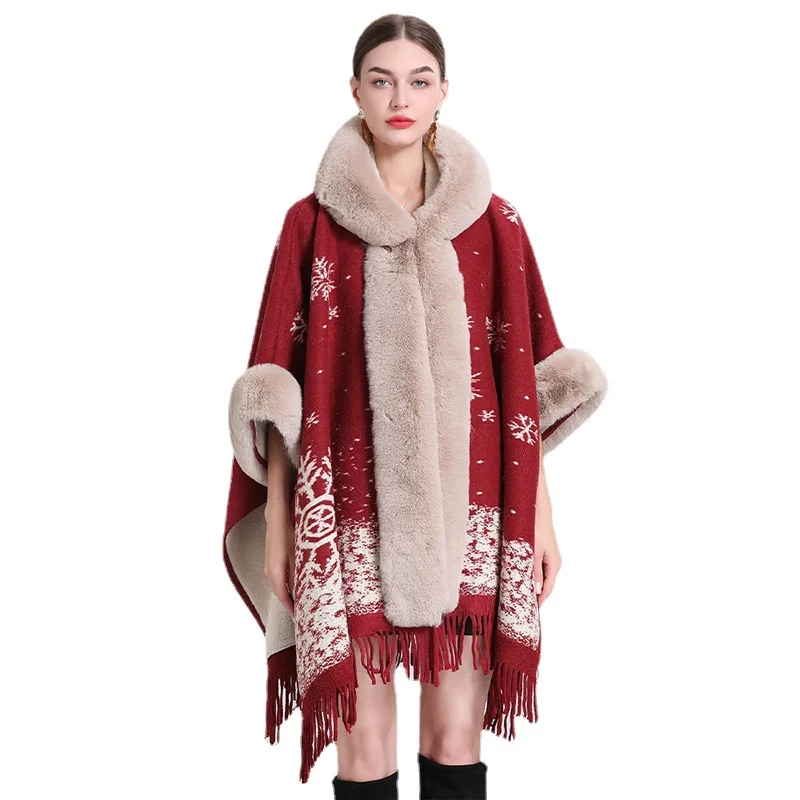 Customized Christmas Fur Neck And Cuff Cloak Free Size Women Thicken Cape Coat