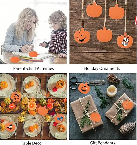 Orange Pumpkin Wood Cutouts Crafts 4Inch Wooden Pumpkin Shaped Hanging Ornaments with Hole