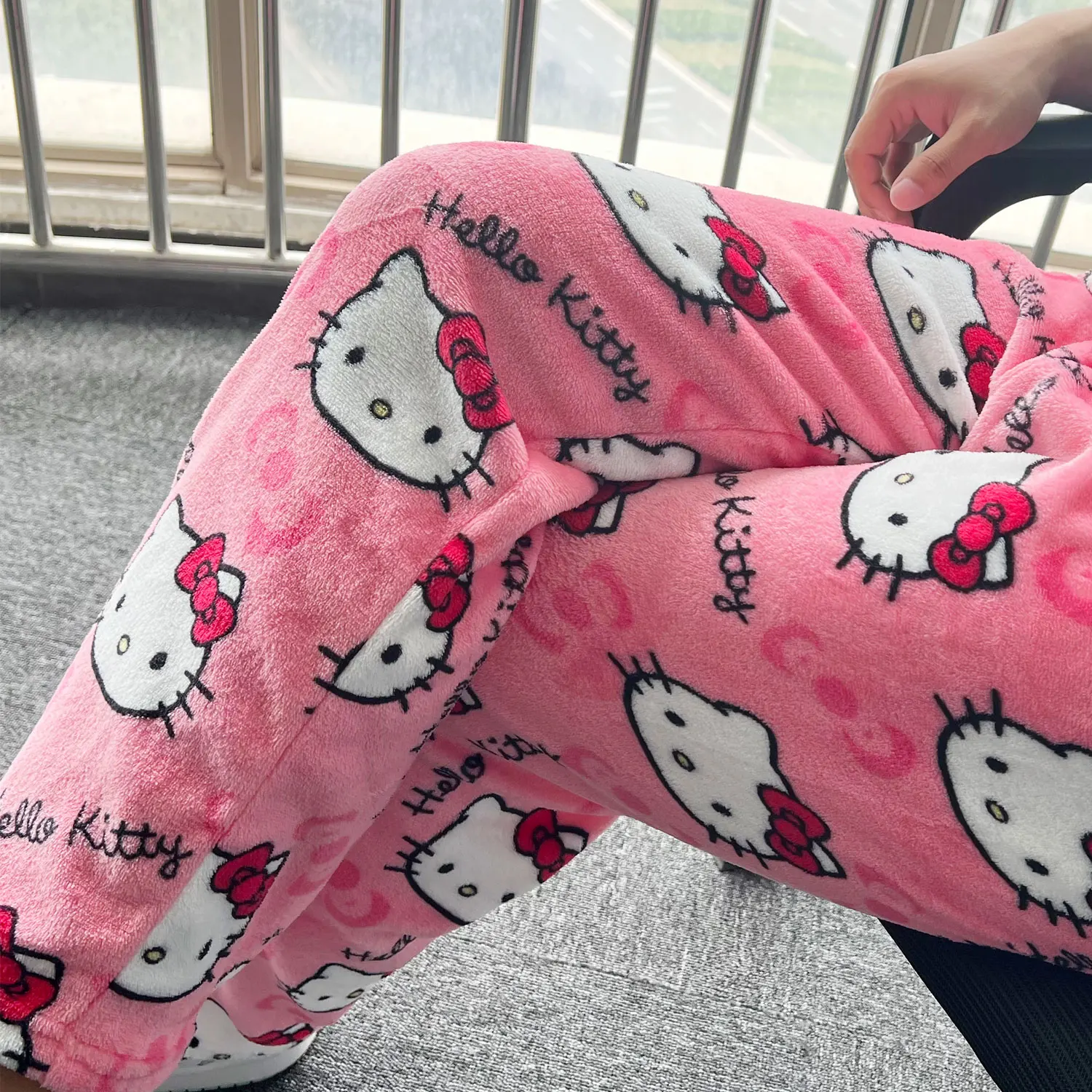 Wholesale  Anime KT Cat Pajama Pants Kids Home Trousers Cartoon Coral Fleece Soft Trousers Women Casual Home Pants