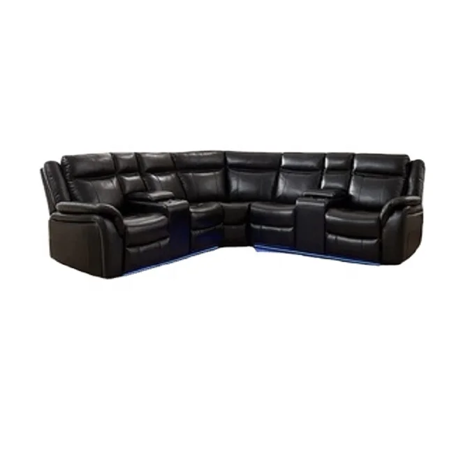 JKY Furniture Living Room Genuine Leather Manual Sectional Corner Motion Recliner Sofa Set With Massage Function And Cup Holder