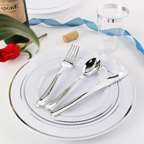 Modern Gold Rim Reusable Heat-Resistant 7.5 8 9 10.3 inch Soup Sauce Salad Bowl Gift Set PS Plastic Plate Disposable Dinnerware