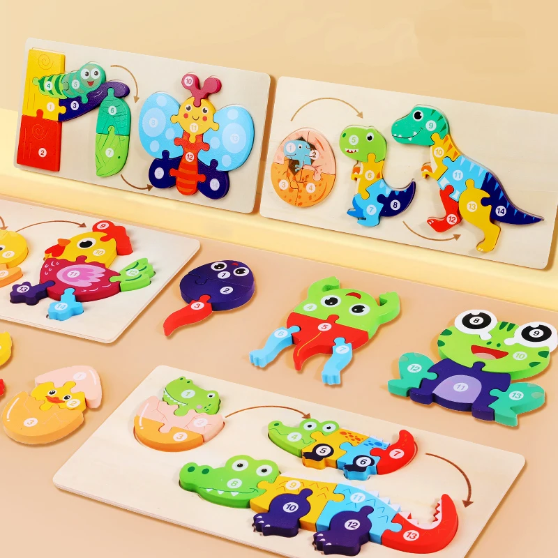 Cartoon animal 3D puzzle DIY building block shape combination board preschool education educational game wooden puzzles for kids