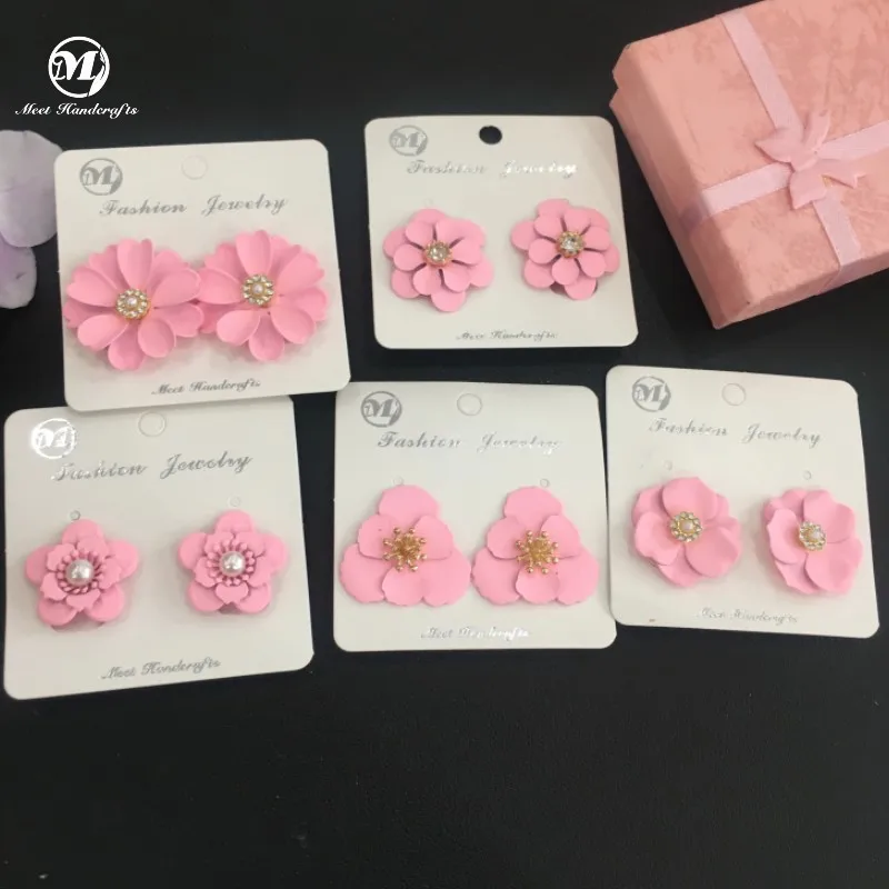 Wholesale Women Floral Petal Stud Earrings Custom Colored Pink Flowers Clip Earrings