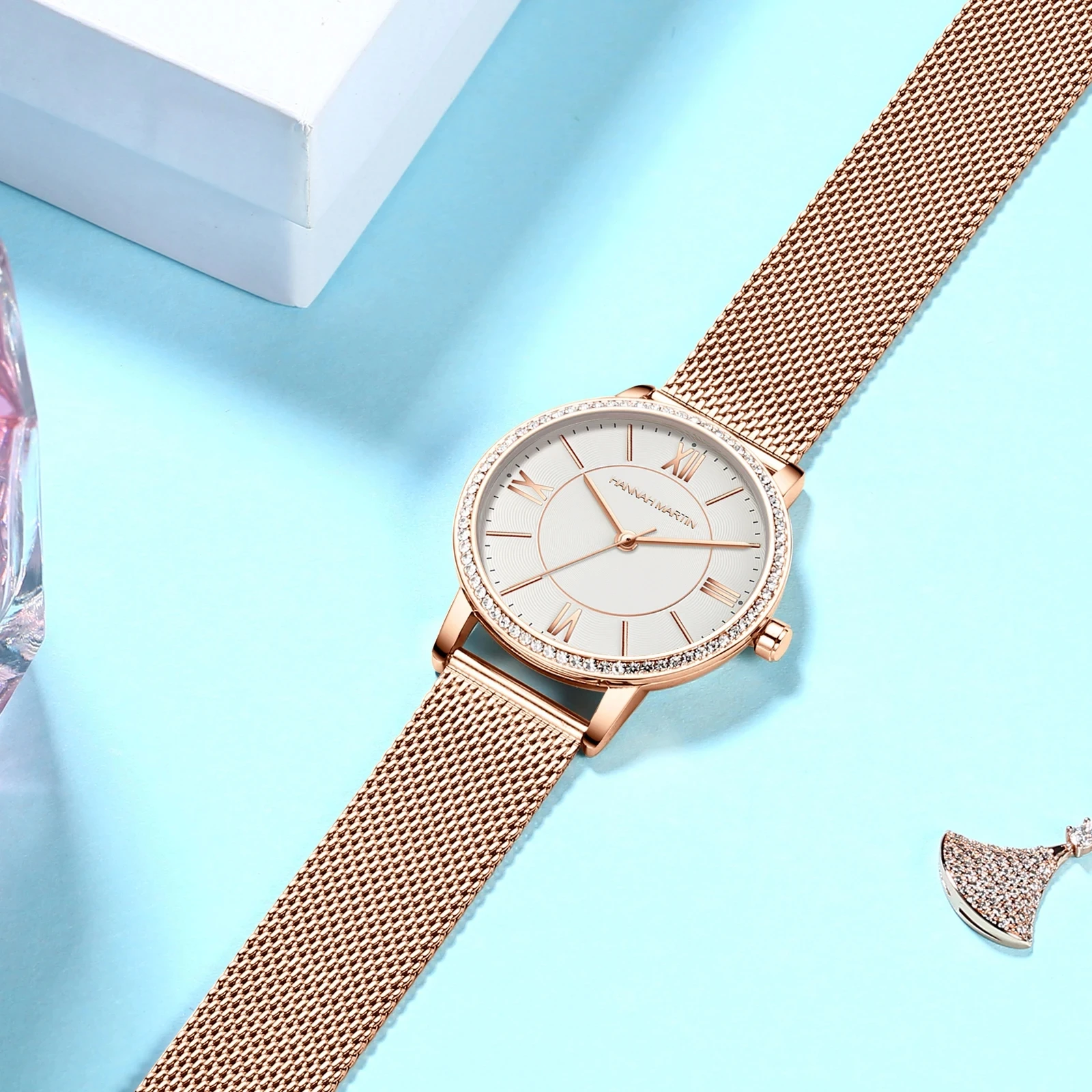 Brand Women Watch Hannah Martin 34mm Classic Luxury Rhindiamonds Original Japanese Movement Dress Women Banquet Watches Gift Set
