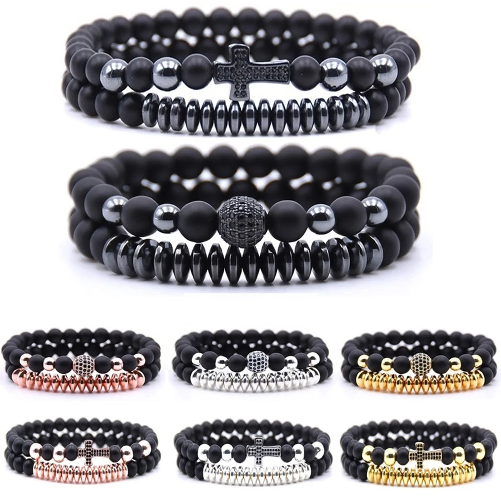 Men Women 2Pcs / Set Natural Matte Black Onyx Stone Jewelry Charm Healing Bead Bracelet