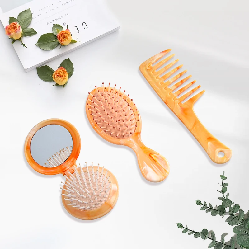Wide Tooth Mini hair brush set With Grip Detangler Hairbrush For Wet Dry Hair Brush And Comb Set Insoluble masterbatch marbling