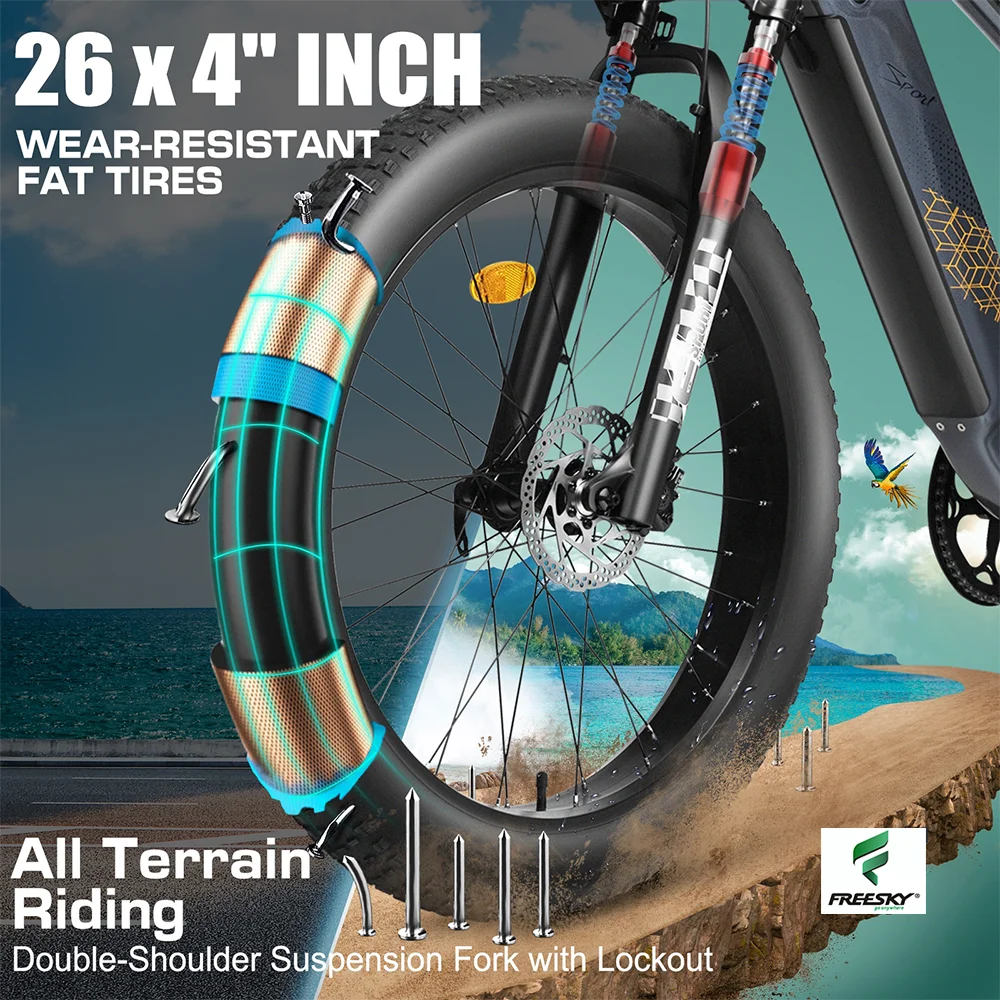FREESKY Electric Bicycle 7-Speed Adults 750W BAFANG Motor 48V 15Ah Removable Battery ebike 26' Snow Beach Fat Tire e bike mtb