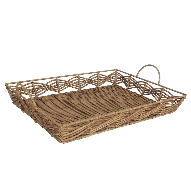 Square Wooden Rattan Serving Tray Basket Rattan Wicker Tray Serving Decorative With Handle