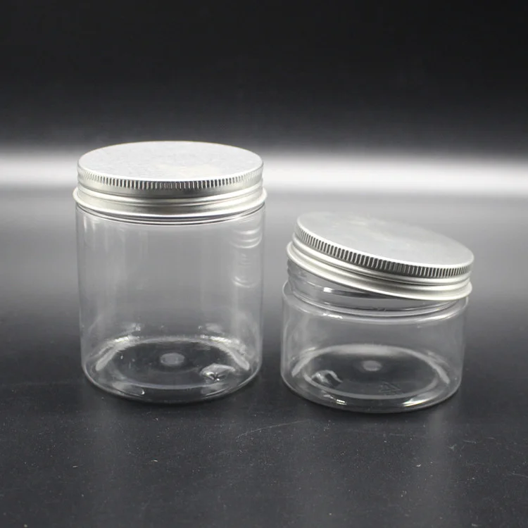 Wholesale cosmetic food packaging 50m 100ml 150ml 200ml 250ml 300ml amber clear pet plastic cosmetic cream jar with aluminum lid