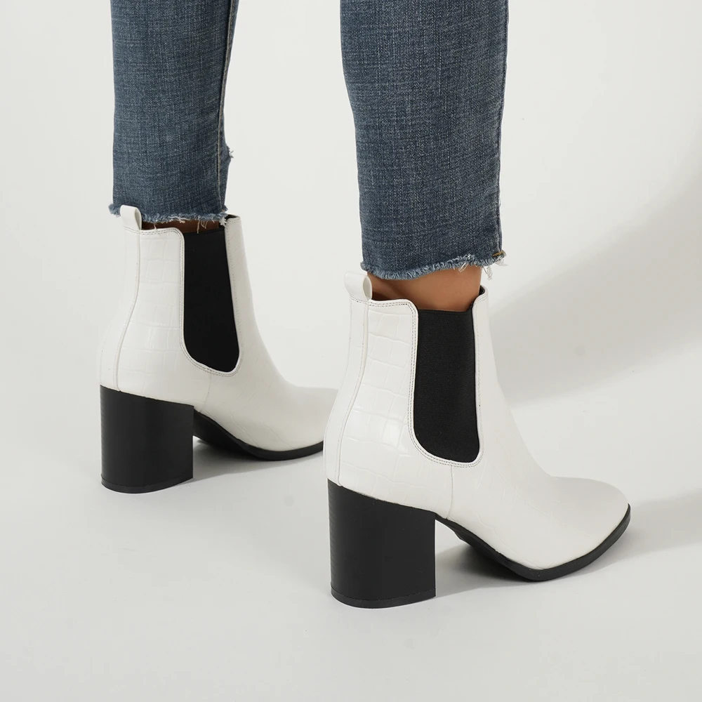 Spring white alligator PU leather thick heel ankle boots and naked boots a slip-on elastic Chelsea boots women