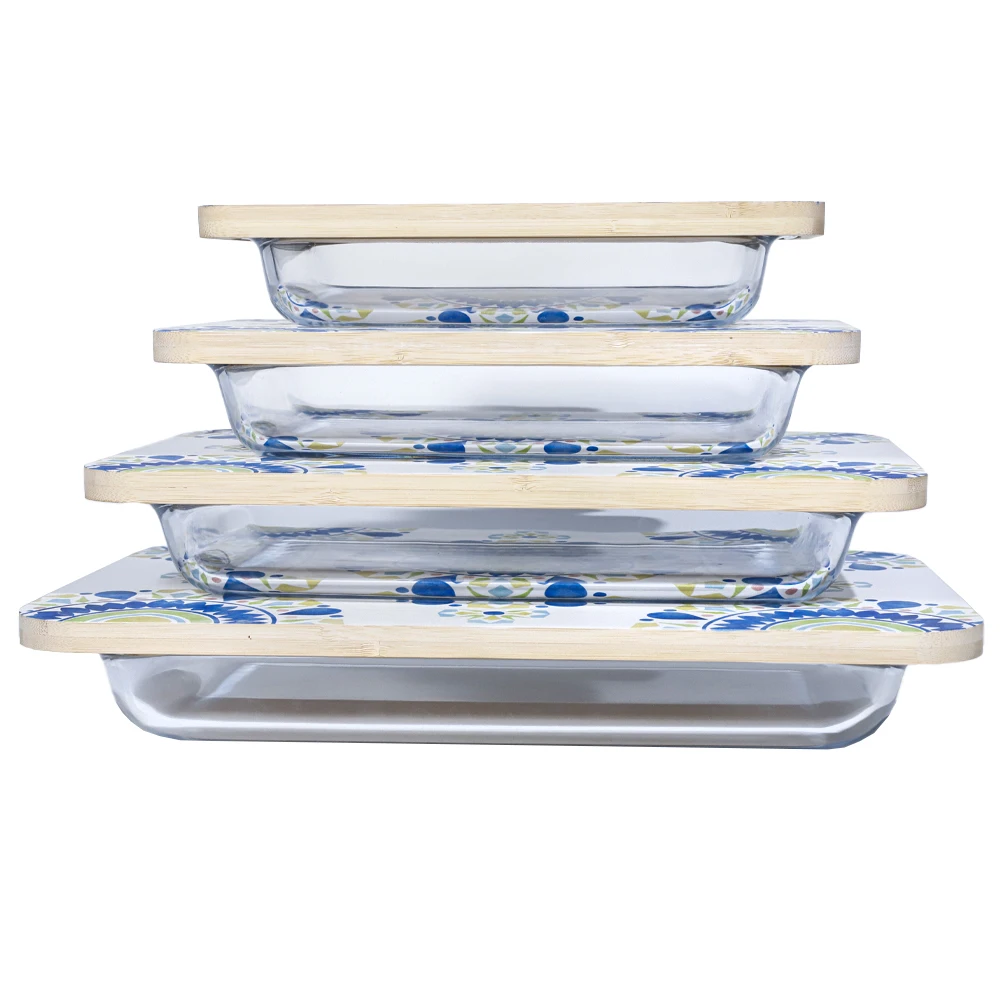 2023LEHE bamboo Lid Fridge-to-Oven Safe Rectangular non stick modern baking tray set glass baking dish