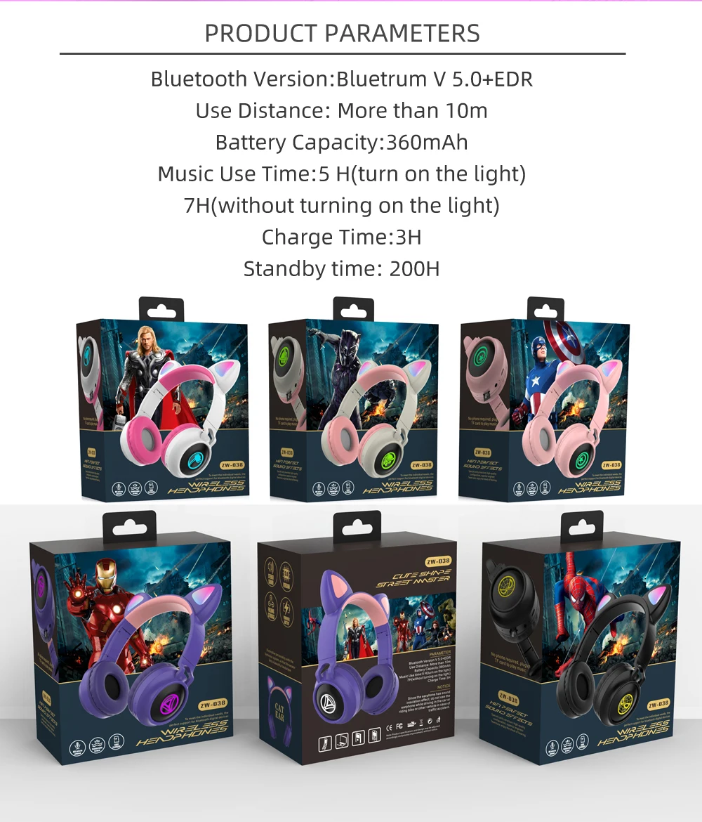 Factory Hot Sales LED Cat Ears Headset Gaming Cute Style Live Noise Cancelling Wireless Headset Earphones