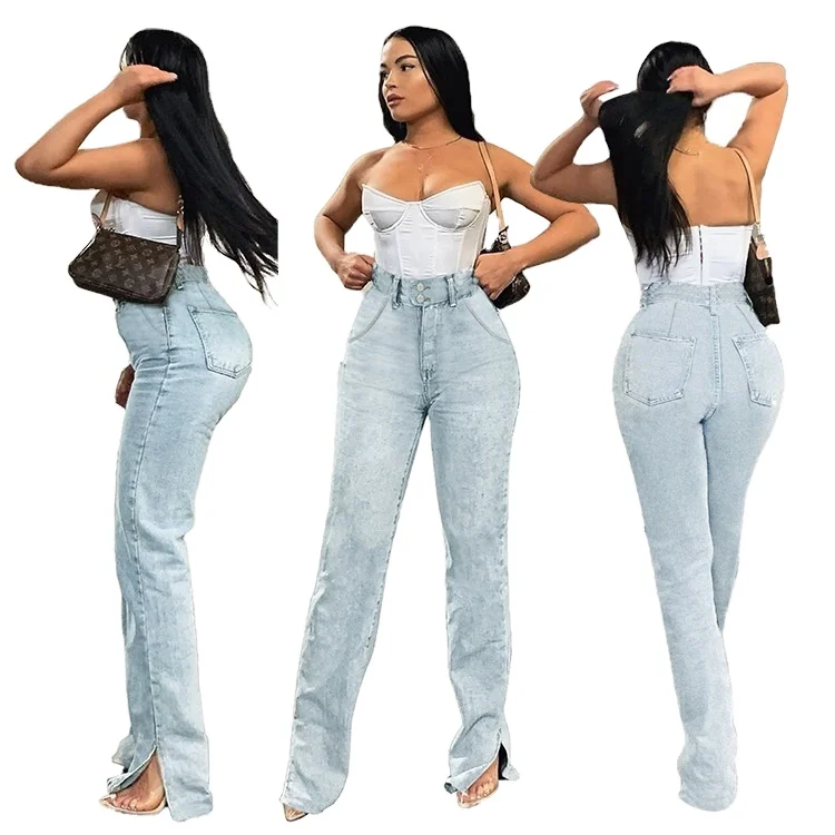 
Highwaist Jeans 2021 New Fashion Denim High Street Split Loose Straight Jeans Spring Trousers for Women ladies 