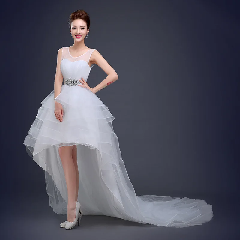 2019 New Korea style Sexy Front Short Back Long Sleeveless Princess Lace High low Wedding dresses with long tail