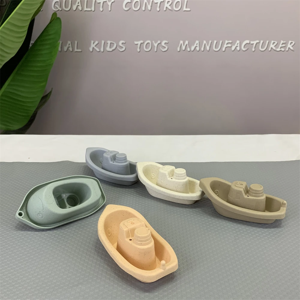 Custom Hot Selling Bathroom Cartoon Baby Stacking Ship Set 5 Piece Eco Friendly Wheat Straw Recyclable Plastic Boat Bath Toy