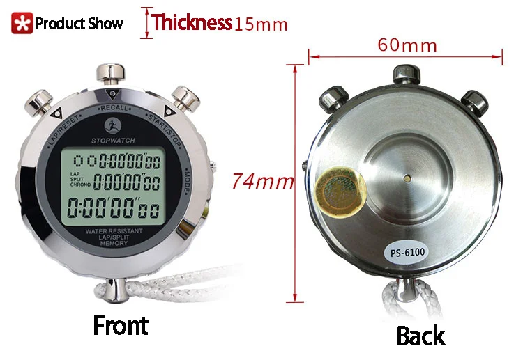 Digital Metal Multifunctional Stopawtch Water Resistant 30 Memory Lap Split Time 1/100 Second Handheld Led Display Timer