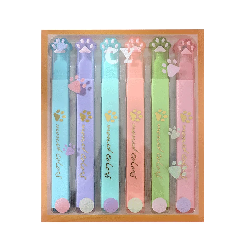 New Cute Cat Claw Highlighter Marking Key Point Marking Pen Office Stationery Highlighters 6 Colors