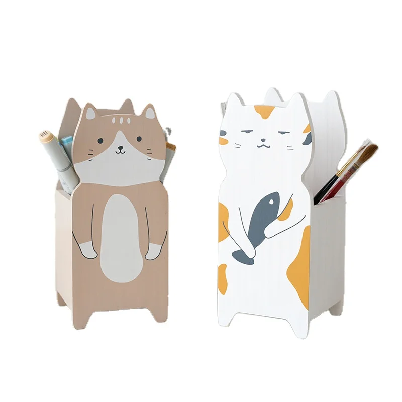 Cute Animal Cat Shape Wooden Bamboo Pen Holder Makeup Brushes Organizer