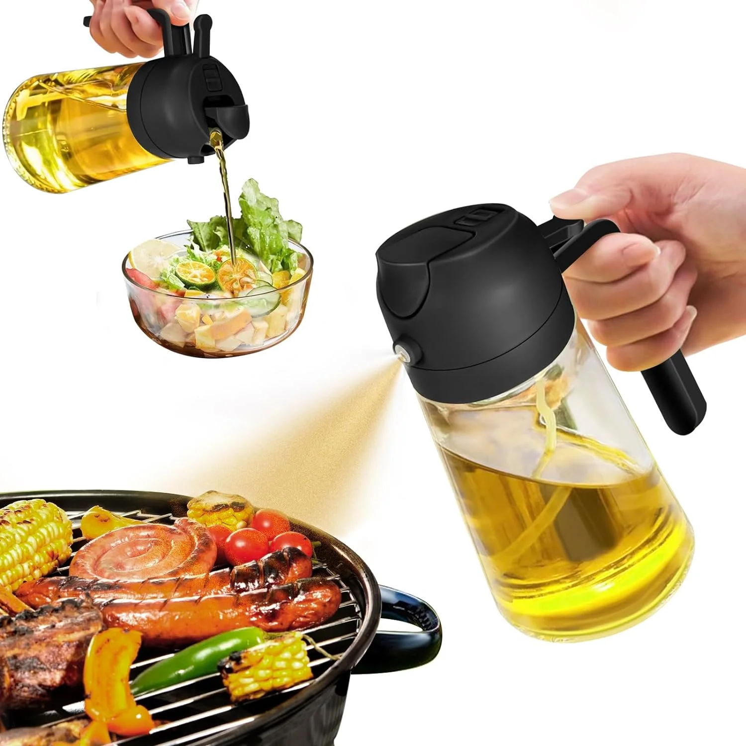 2 in 1 Olive Oil Dispenser Bottle  470ml Premium Glass Oil spray Bottle for Kitchen