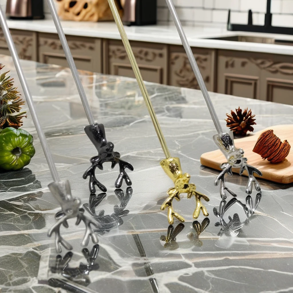 Creative Deer Head Long Handle 304 Stainless Steel Rod Spoon Disposable Metal Cocktail Milk Tea Mixing Stick Tool