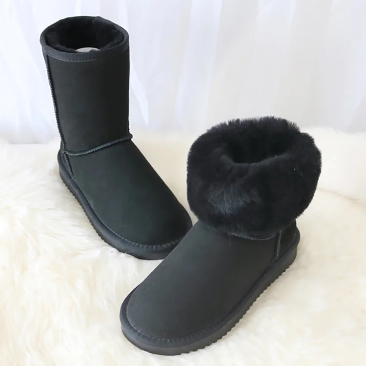 Fashion Popular Soft Warm Mid Calf Genuine Fur Indoor Flat Ladies Sheepskin Snow Winter Boots
