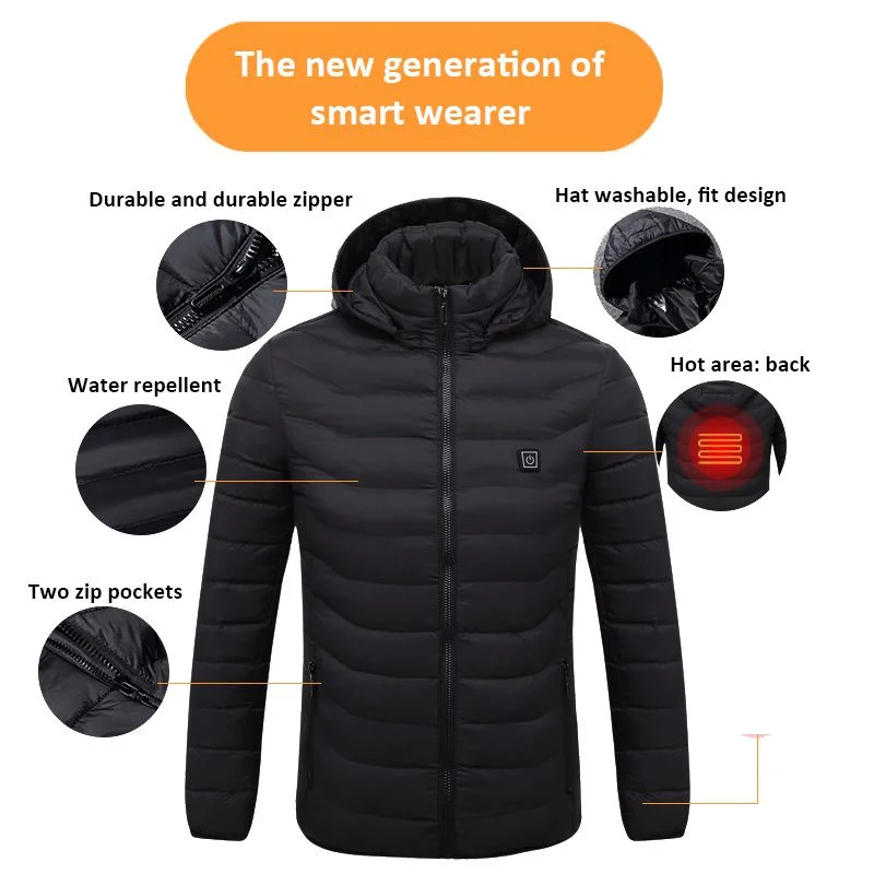 Men Winter Warm USB Heating Jackets Smart Thermostat Pure Color Hooded Heated Clothing Waterproof Warm Jackets R1832