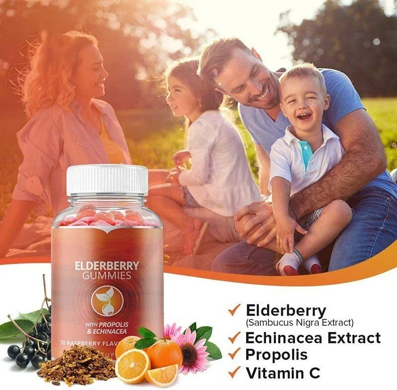Raspberry Flavor Vitamin C Elderberry Gummies With Propolis & Echinacea Extract Supports Immune Function & Provide Great Taste