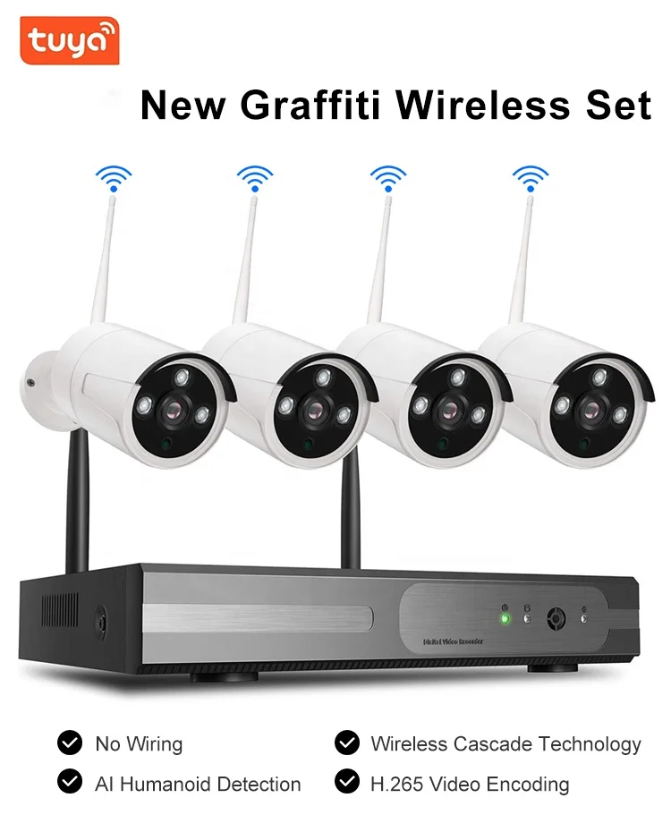 Tuya Outdoor night vision surveillance cctv camera set 4ch IP WIFI nvr kit 1080P home wireless security camera system