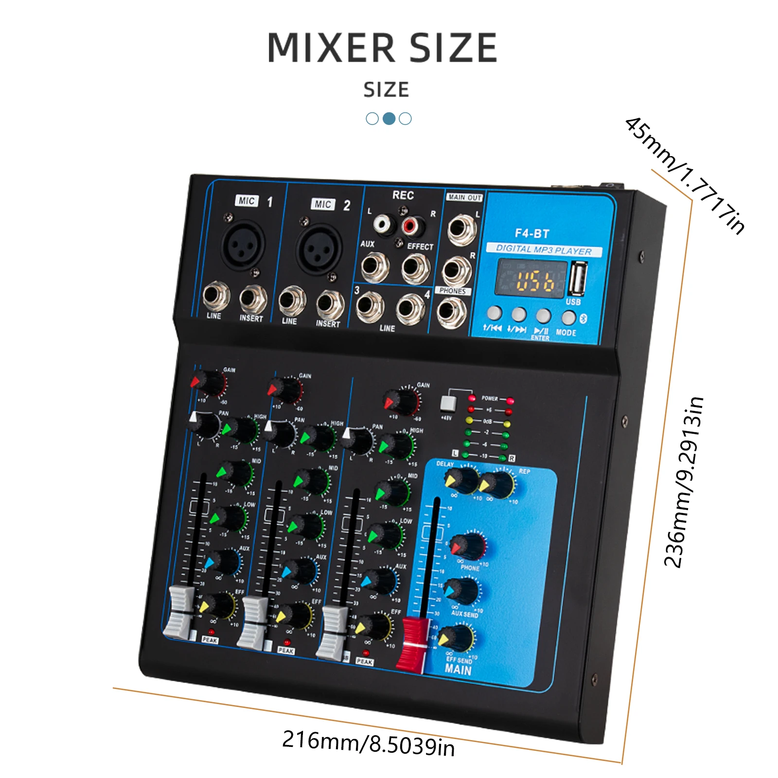 F4 4 Channel Bluetooth Mixing Console Desktop Soundboard Stereo, USB, Computer Recording, DJ Controller/Audio Console Mixer