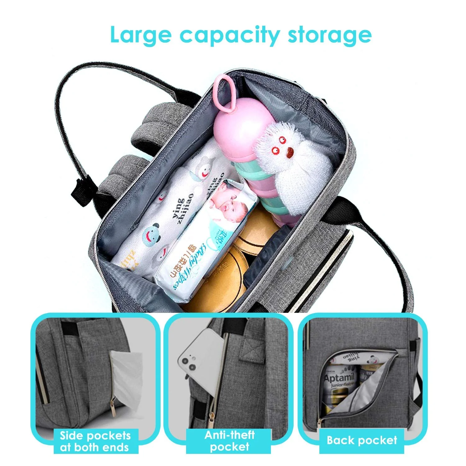 Ozone Disinfection Mommy Travel Nappy Diaper Bags Backpack with Solar Panel USB for Outdoor Travel
