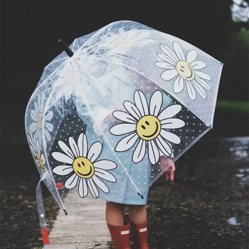DD2812  Cartoon Flower Daisy Clear Umbrellas 3-8 Years Stick Rain Umbrella POE Kids Girls Boy Cute Sunflower Children Umbrella