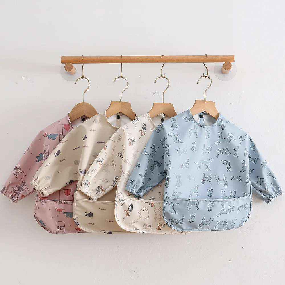 Infant Rice Pocket Feeding Drawing Apron Waterproof Soft Pu Children Accessories Large Bib For Dinner Baby Bibs Long Sleeved