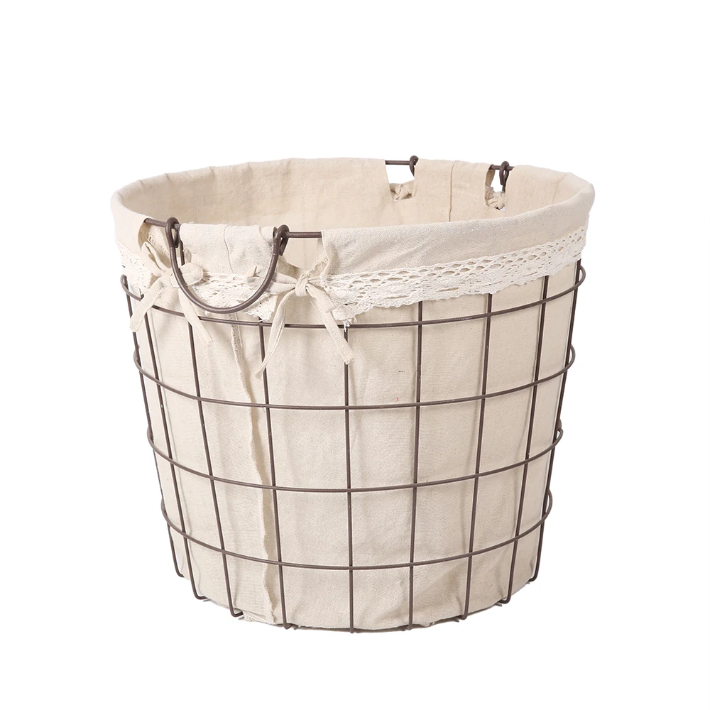 Metal Wire high quality material with  cotton lining  Laundry Basket  iron storage basket white canvas natural storage basket